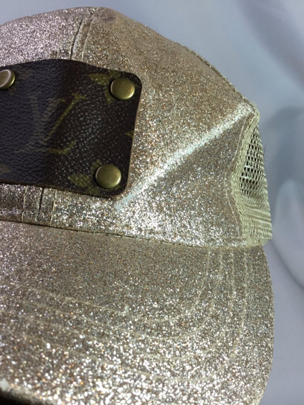 Upcycled LV Patch Distressed Trucker Hat CC Ponytail Cap Bling Gold Sparkle Mesh - Picture 8 of 13